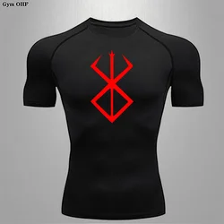 Black Anime Print Compression Shirt For Men Gym Jogging Workout Fitness Undershirts Short Sleeve Quick Dry Athletic T-Shirt Tops