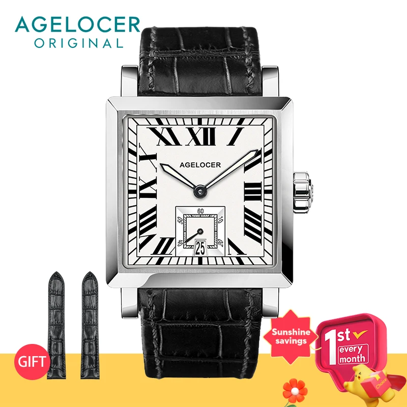 

AGELOCER Men's Top Brand Square Automatic Mechanical Stainless Steel Rome Dial Luminous Analog Fashion Luxury Watch