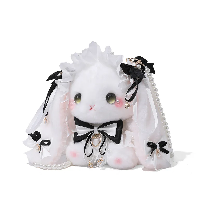 Cute plush rabbit crossbody bag with pearl bow suitable for girls Lolita style cartoon shoulder bag holiday gift