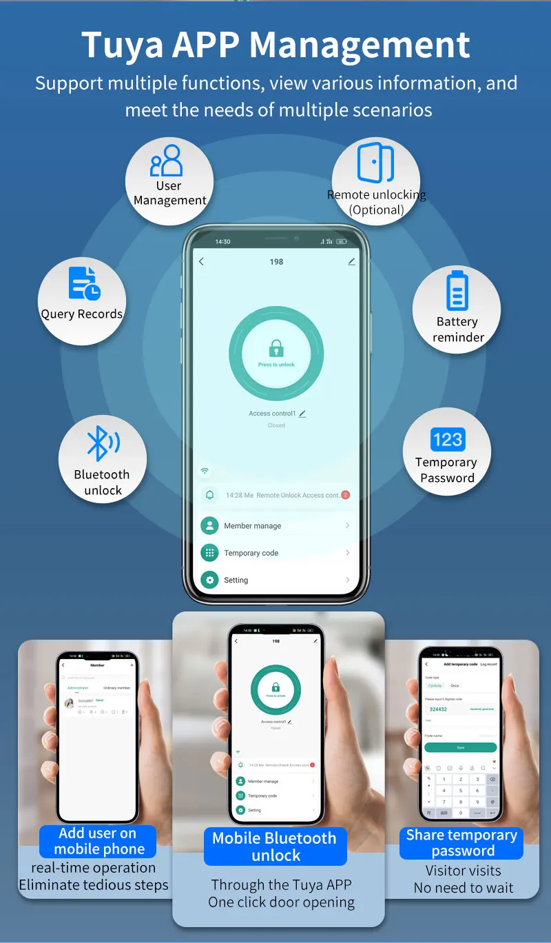 Tuya Bluetooth Biometric Glass Door Smart Lock Fingerprint Password Card Electro