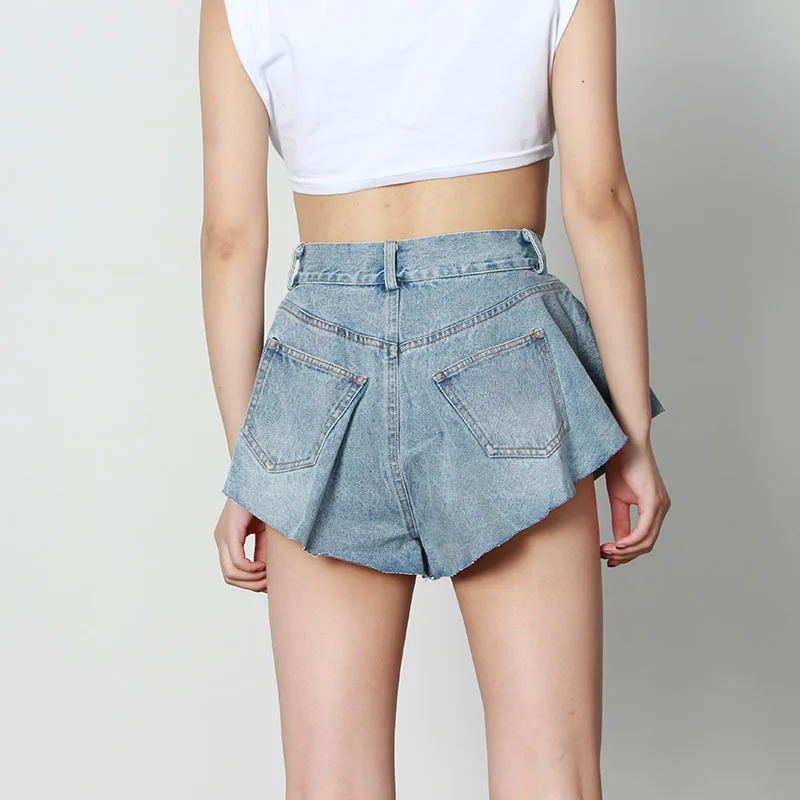 2021 Sexy Ruffle Shorts New Spring Summer Fashion Light Blue Denim Washed Pockets Zippers Shorts High Waist Female Bottoms Y2k