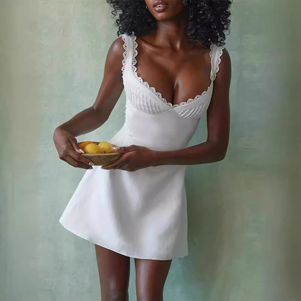 

Pure Desire V-neck Lace Strap Dress Sexy Off the Back Waist Slim White Dress A-line Short Dress