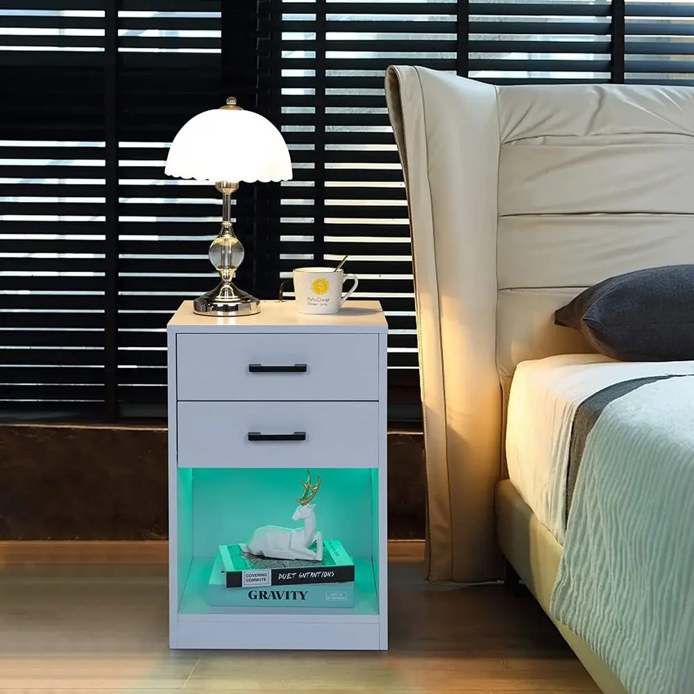 2 Drawer Nightstand with LED Light & Power Station End Side Table Bedside Table