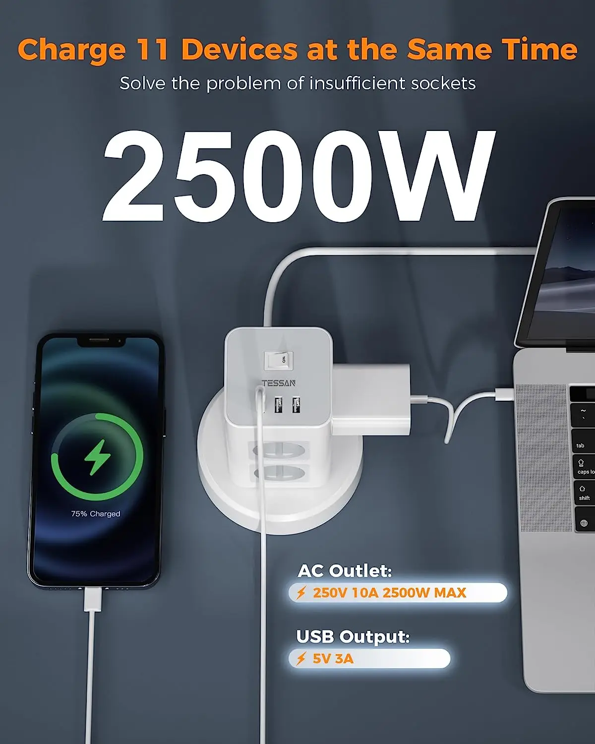TESSAN-Faixa de alimentação vertical com USB, cabo