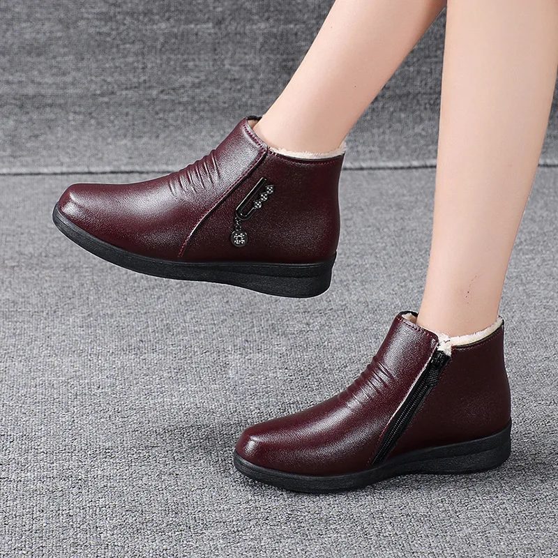 Bottes cuir 2024 semelle plate douce - Chaussures femme laine chaude pêche hiver antidérapantes