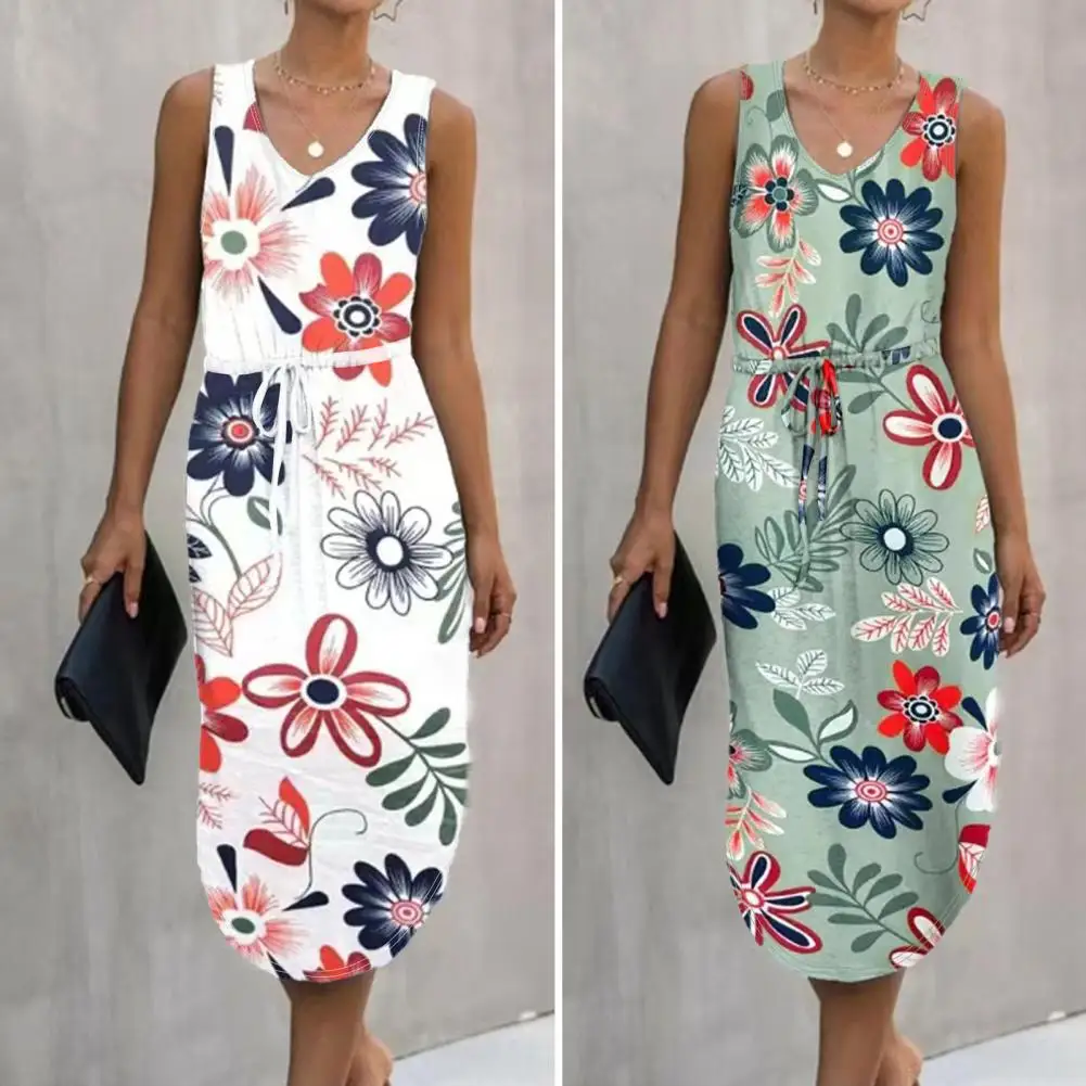 

Lady Dress Floral Print V Neck Sundress Slim Waist Knee Length Midi Dress for Women Elegant Summer Fashion Floral Printed Dress