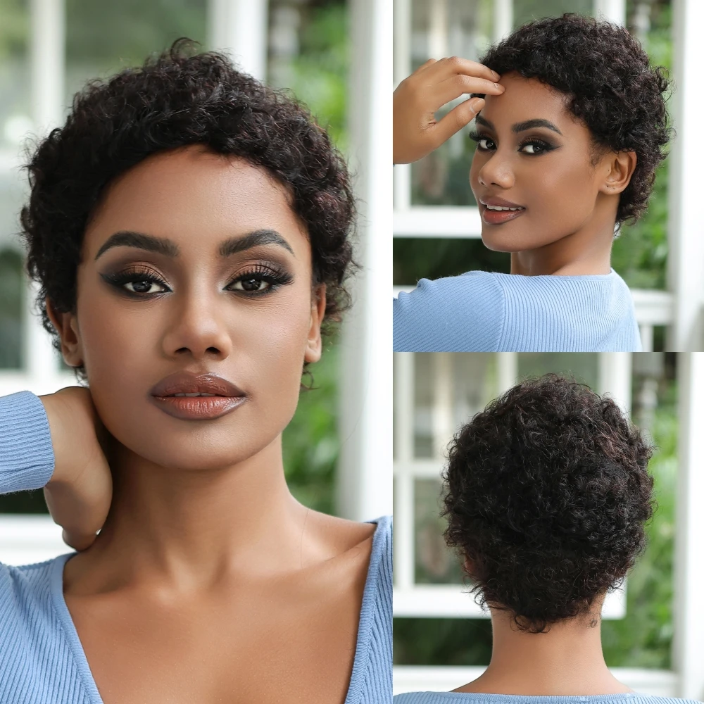 Kinky Curly Wigs Short Pixie Cut Wigs for Black Women Human Hair Brazilian Curly Human Hair Wigs Full Machine Made Glueless Wig