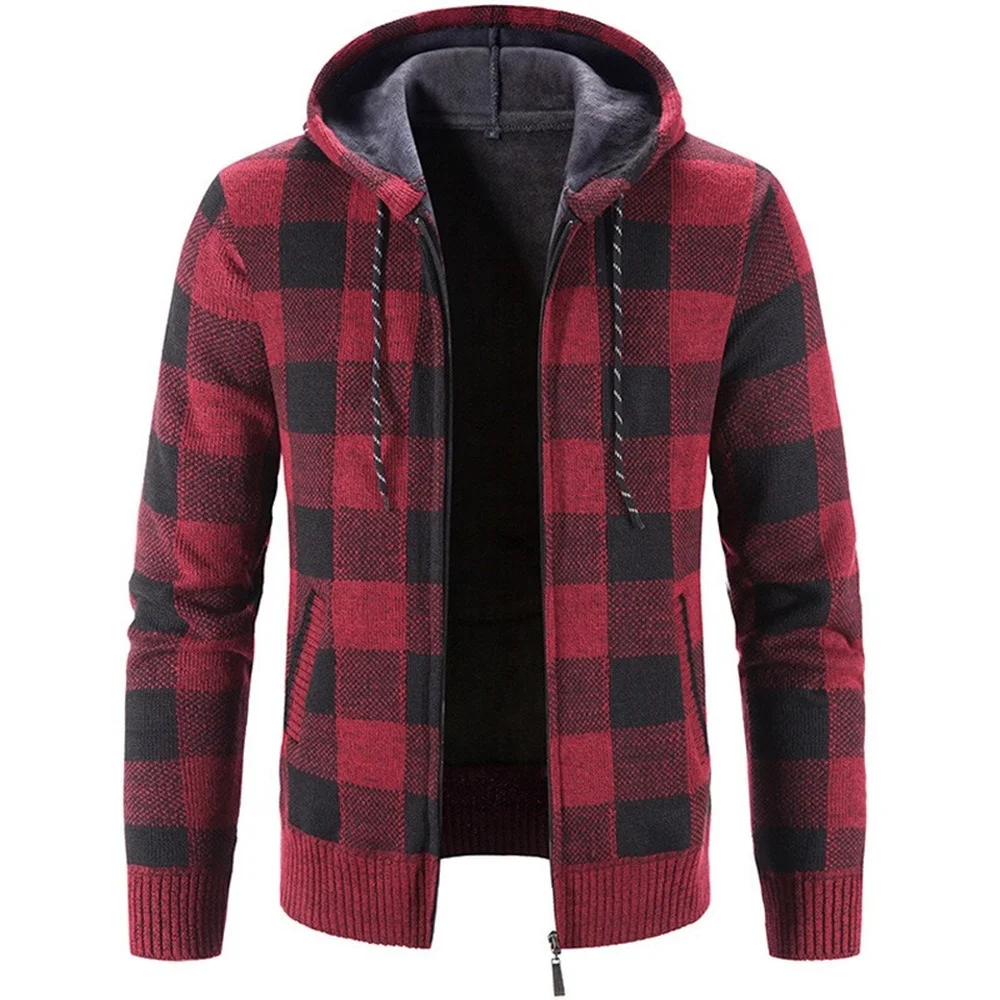 

Men's Hooded Plaid Printed Long Sleeve Sweater Autumn Winter Plush Large Casual Cardigan Coat