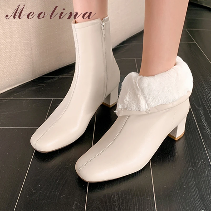 

Meotina Women Genuine Leather Ankle Boots Square Toe Thick Mid Heels Wool Zipper Short Boots Ladies Fashion Shoes Winter Beige