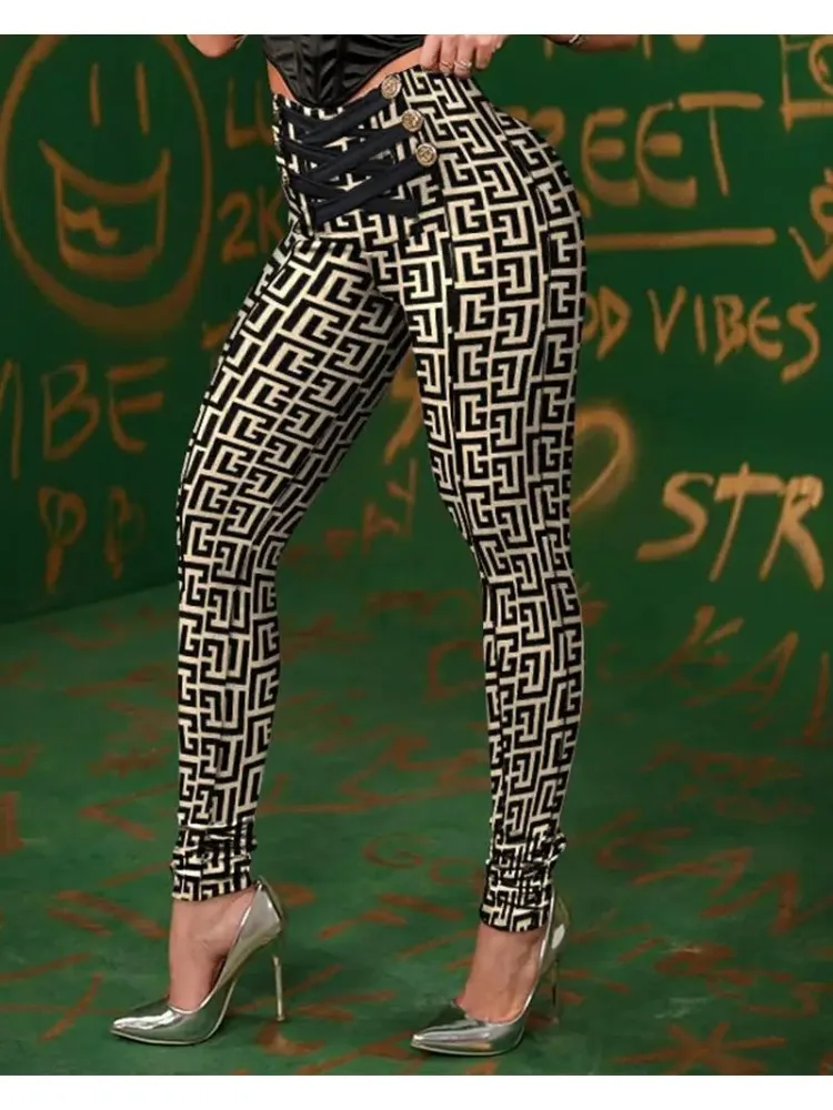 Damen-Bleistifthose mit hoher Taille, Knopfdetail, überkreuzte Bleistifthose, geometrischer Druck, Po-Lifting, schmale Hose für Frühlings- und Herbsthose