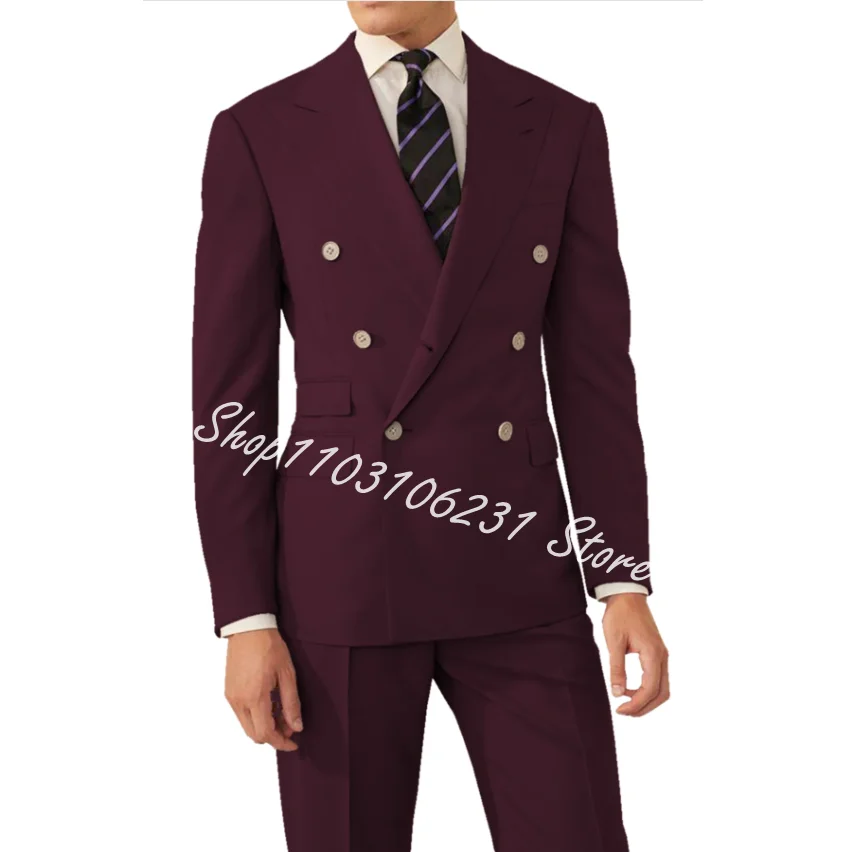 Men Suit Peak Lapel Double Breasted Jacket Pants Wedding Blazer Groom Tuxedo 2 Piece Prom Party Casual Men Clothes Costume Homme