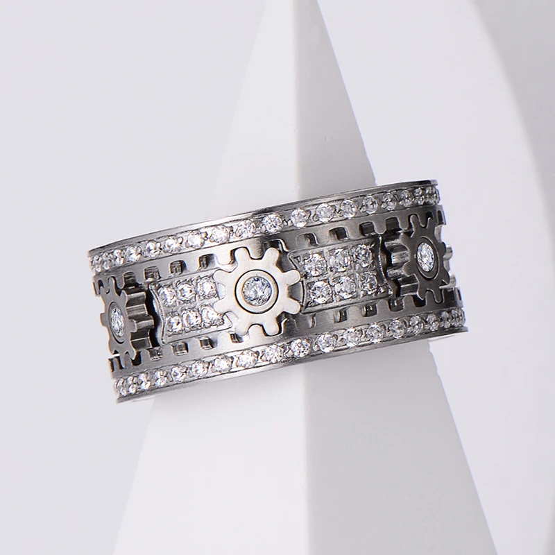 Stainless Steel Gear Wheel Style Ring CZ Zircon Rotating Relieve Stress Artifact Circle For Men Women Unisex-Adult Ring Jewelry 4