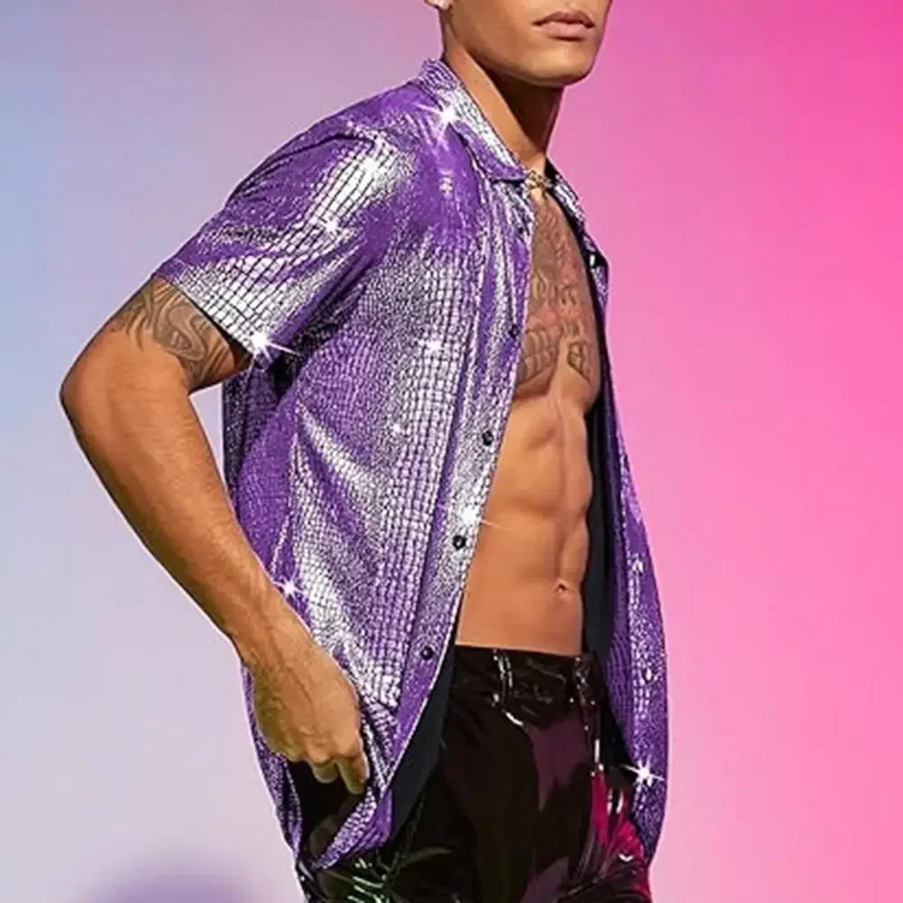 Men Party Shirt Shiny Surface Men's Performance Shirt with Turn-down Collar Long Sleeves for Club Party Disco Stage Show men party shirt