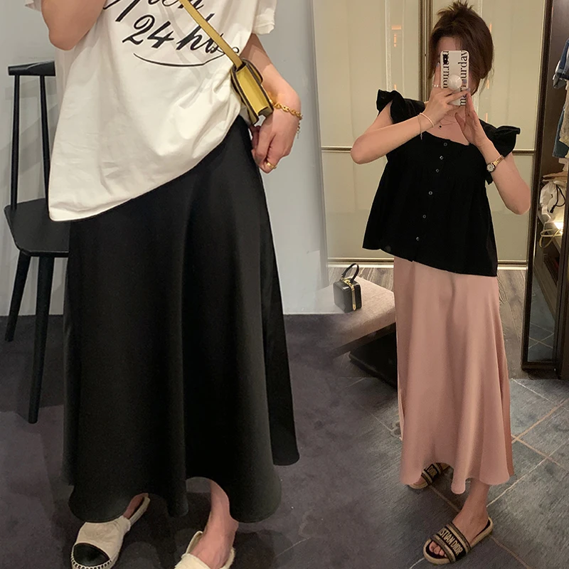 Acetate Satin Skirt for Maternity Drooping Smooth A-line Wrapped Hip Skirt for Pregnant Women 24SS Summer Y2k Youth Pregnancy