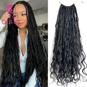 Treccine Boho Pre-annodate all'Uncinetto con Estremità Ondulate in Capelli Umani, Dreadlock Effetto Dea, Colore Nero Naturale