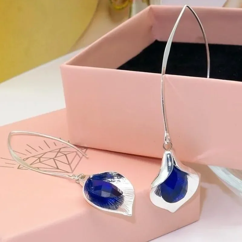 Elegant Blue Teardrop Orchid Bud Crystal Hook Hanging Earrings Dangle Accessory Jewelry Wedding Engagement Women's Earrings