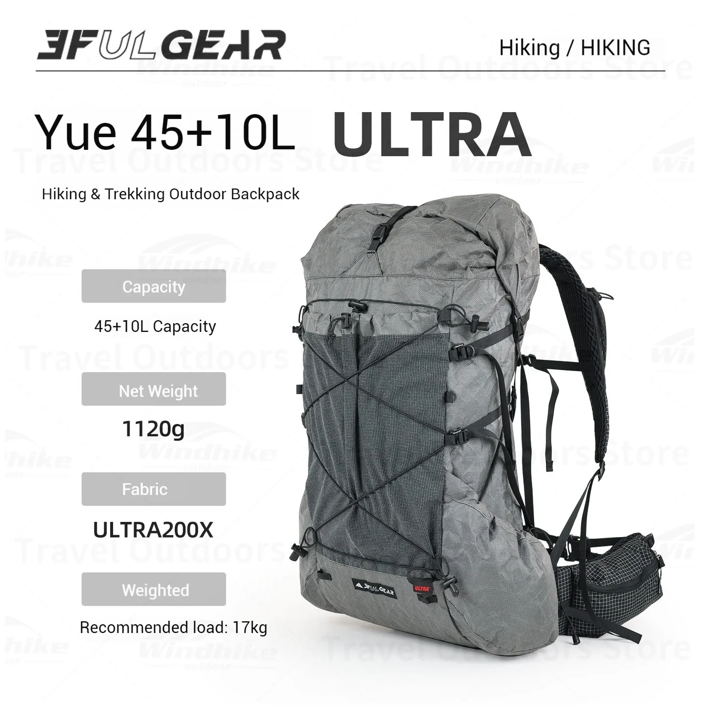 3F UL GEAR YUE 45L バックパック 登山 ULザック YUE 45 + 10L 3F UL GEAR Ultralight Frame Pack XPAC & UHMWPE & LS21