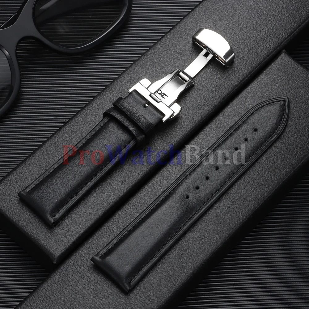 Elegant Leather Watch Band with Gold Butterfly Buckle - Soft Black & Brown Wristbelt