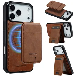 Magnetic Wireless Charging Leather Wallet Card Phone Case with Flip Cover - iPhone 15 Plus (Brown)