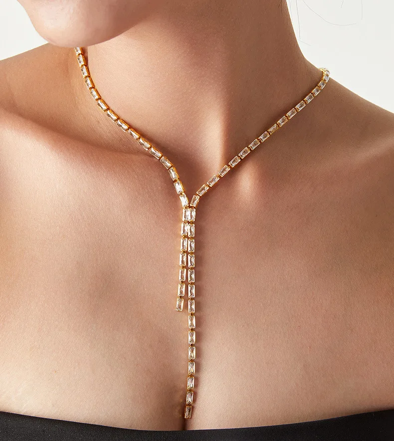 Modische Schwarz-Weiß-Lila Quadratische Zirkon-Kettenkette Damen Edelstahl Rot-Grüne Glas Elegante Lange Halskette Schmuck – Detail 4
