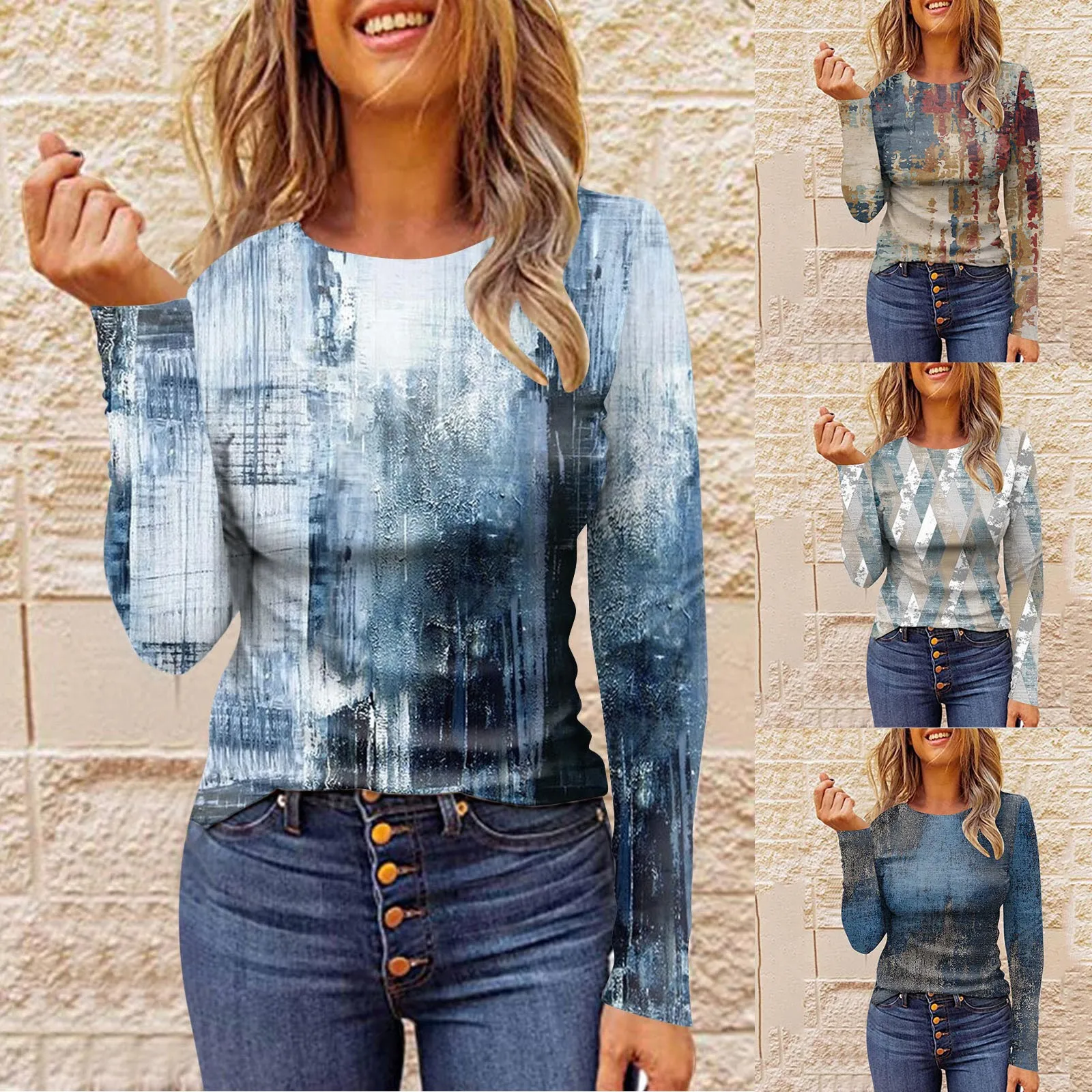 

2023 New Round Neck Casual T-Shirt Autumn Winter Women'S New Design Printing Top Fashion Loose Long Sleeve Vintage Pullover