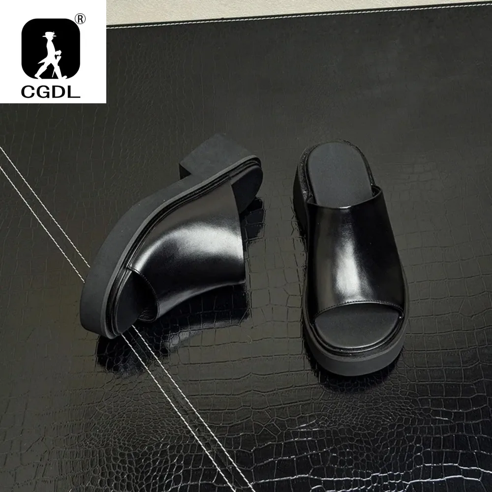 6CM High Heel Mens Casual Leather Slippers Luxury Handmade Genuine Leather Outdoor Fashion Platform Summer Party Sandals Man