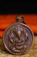 2"Tibetan Temple Collection Old Bronze Cinnabar Ganesha Geneisha Zodiac Animal Buddha Card Pendant Amulet Town house 1
