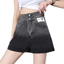 

Denim Shorts Women Summer Wide Leg Pants High Waist Casual Female Gradient Color Denim Short Trousers AM4063