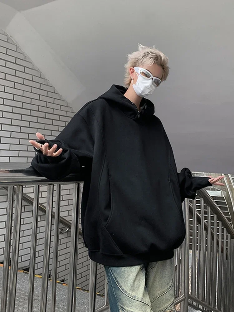 Pullover Sweater Men's Solid Color Loose Casual Autumn and Winter Fleece-lined Thickened American Retro Hooded Jacket BasicStyle