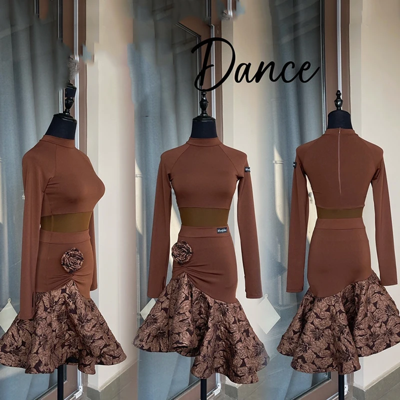 

2024 Latin Dance Dress For Women Printed Long Sleeved Fishbone Skirt Suit Chacha Rumba Tango Latin Performance Clothes DN17172