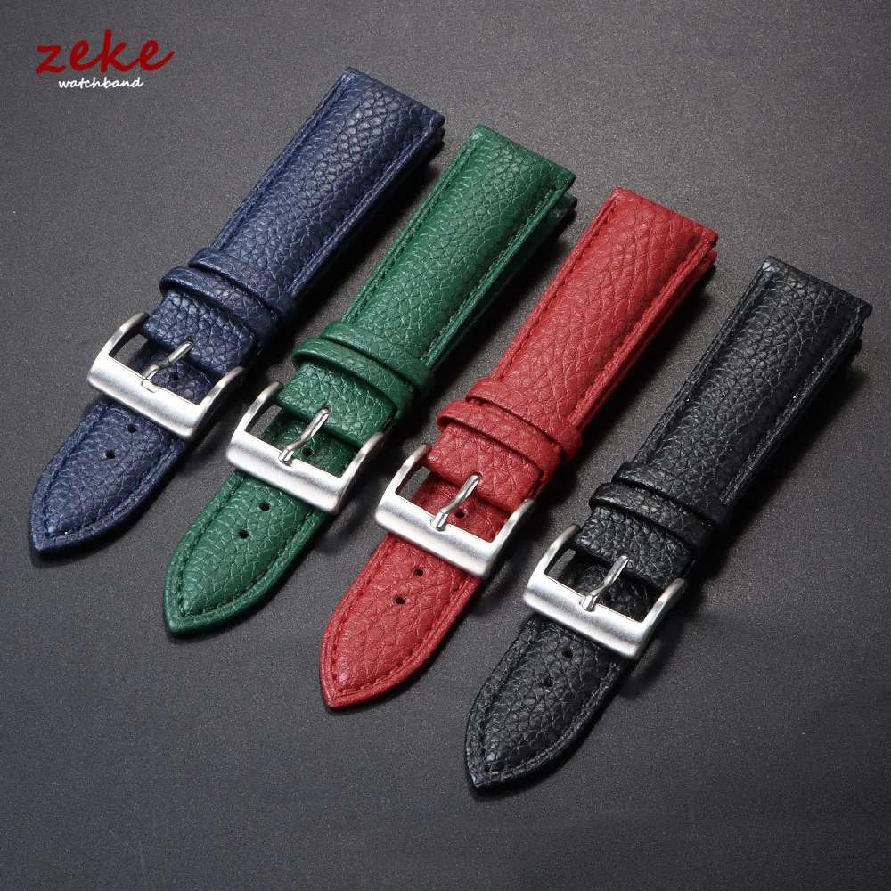 Premium Genuine Leather Litchi Grain Wristwatch Band - Black, Blue, Brown Strap