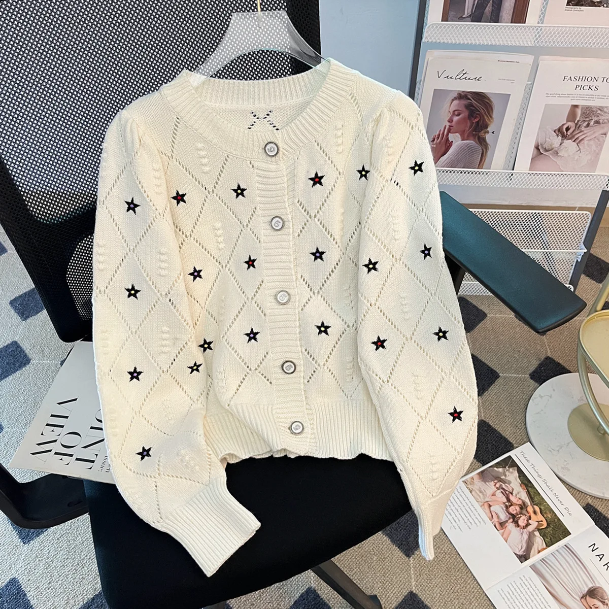 

star embroidery Cardigans For Women, diamond hollowed out Sweater, long sleeved knit shirt, كارديجان pull coreen tops