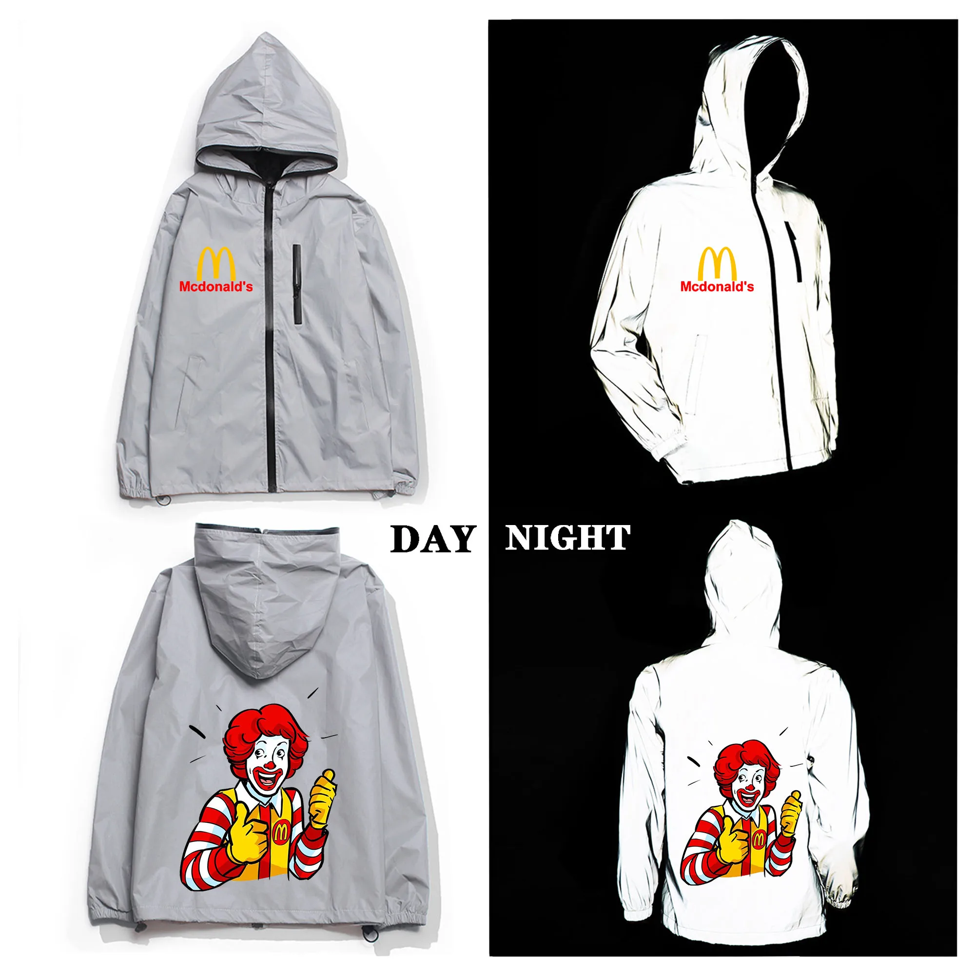 

Mc-Donalds Printing Reflective Jacket Mens Womens Coat Hooded Windbreaker Run Pocket Jackets Cycling Hiking Zipper Custom Hoodie