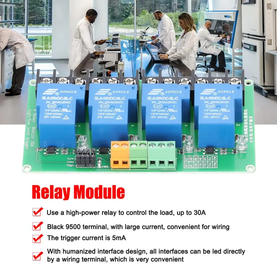 4-Channel DC 24V Relay Module - High/Low Level Trigger, 30A Load, Optocoupler Isolation For PLC/Arduino