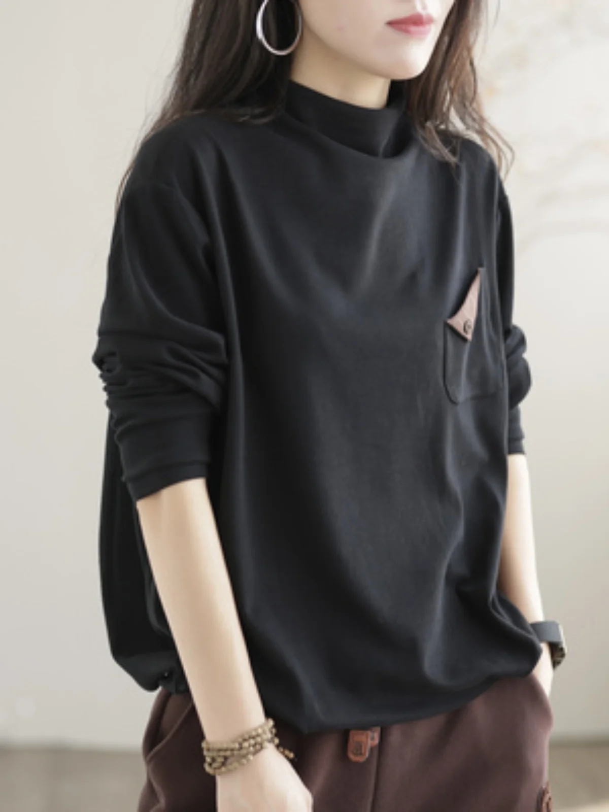 Retro Loose Long Sve f High Collar Casual T-irt Women's Faionable Base Layer Top Autumn New Sle Small irt