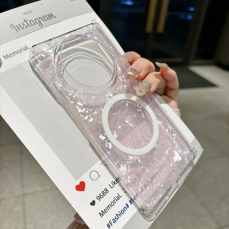 Pearlescent Shell Pattern Magnetic Ring Case For Honor Magic V6 Magic V5 Glitter Clear Shockproof Foldable Protective_voghion.com
