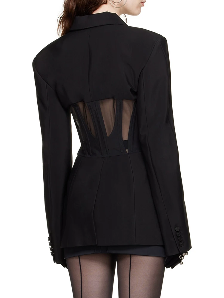 CHICEVER Spliced Sheer Mesh Blazers For Women Notched Collar Long Sleeve Tunic Patchwork Pockets Slim Solid Spring Blazer Female