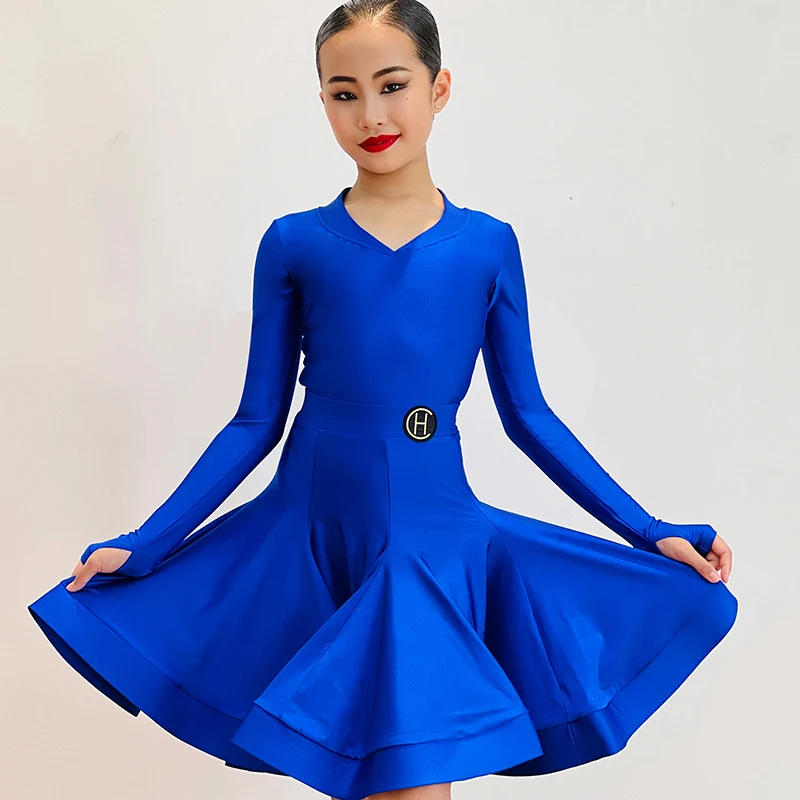 

2023 New Latin Dance Performance Costumes For Girls Children Blue Long Sleeved Skirts Suit Ballroom Latin Dance Dresses DN12288