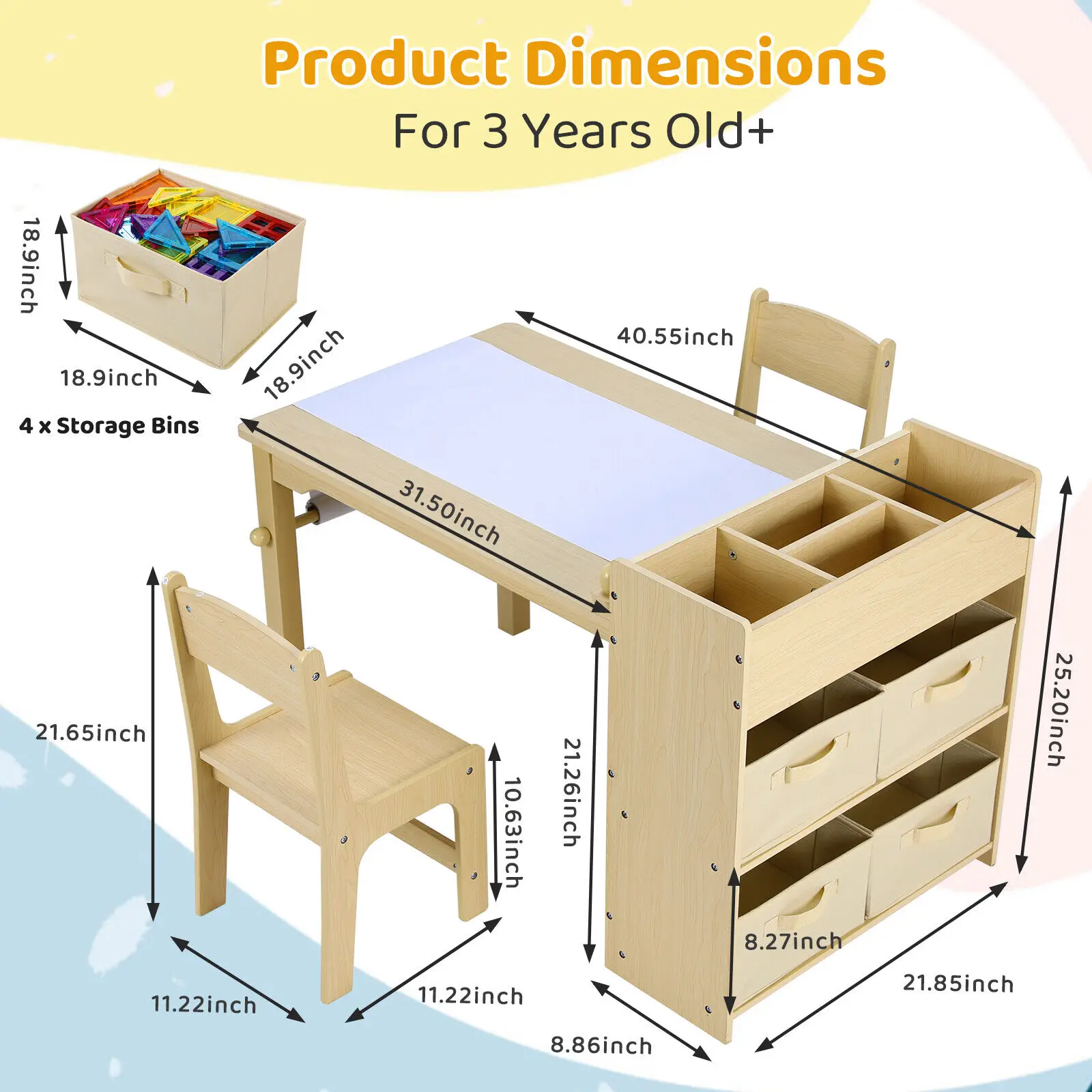 Kids Art Table and Chair Set with 2 Chairs Wooden Craft Table with Storage Shelves, Canvas Bins, Paper Roll, Kids Playroom Table 4
