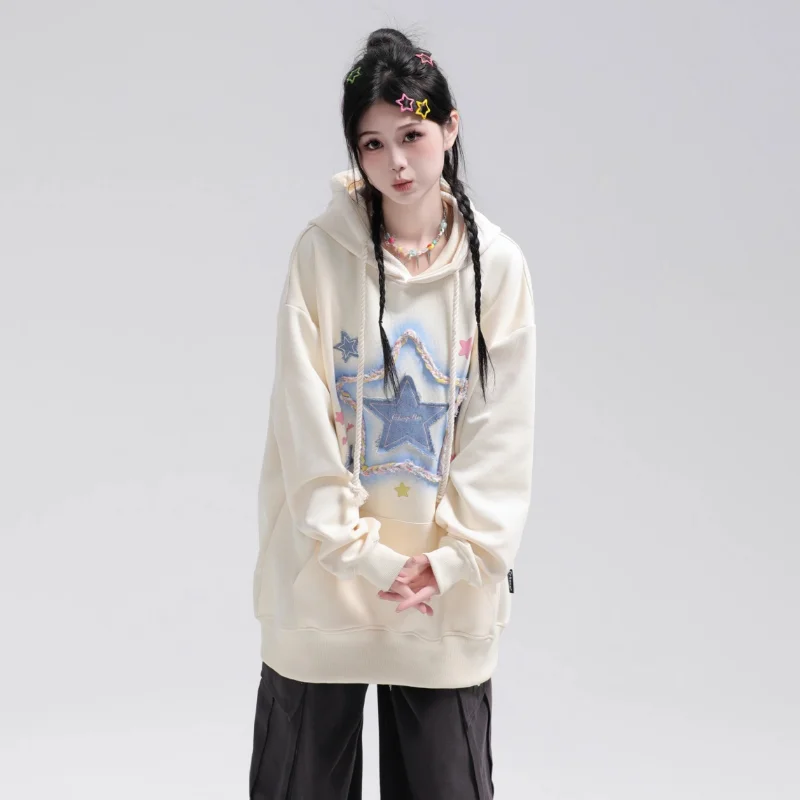 Sudadera con capucha mujer bordado estrella estilo retro americano_voghion.com