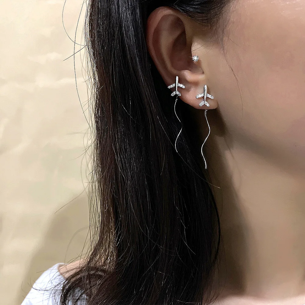 

KOFSAC Korean Shining Zircon Airplane Earrings For Women Fashion S925 Silver Jewelry New Summer Lady Wave Long Tassel Earring