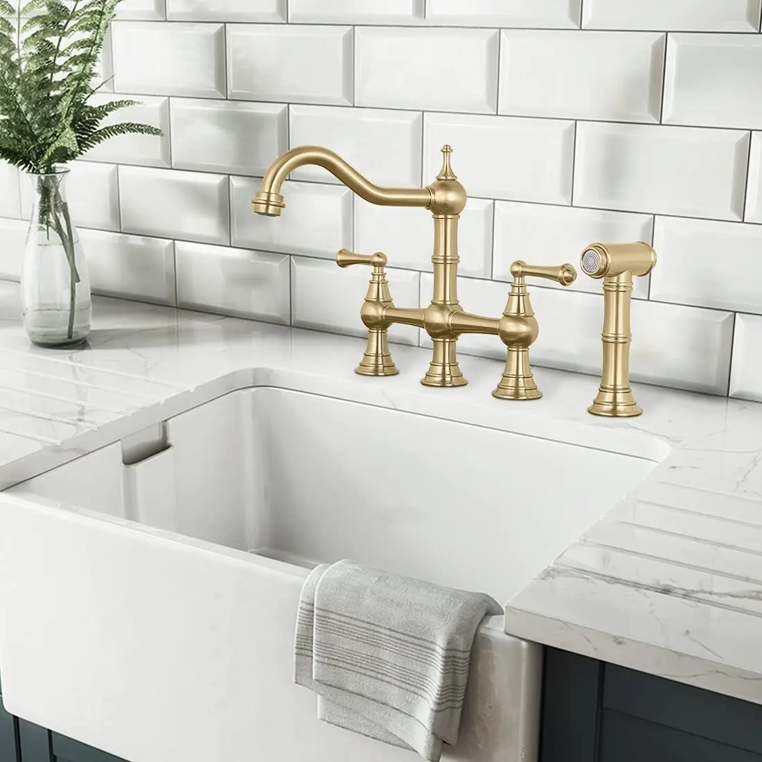 Gold Bridge Kitchen Faucet Brass with Side Sprayer, 4 Hole Kitchen Faucet 2 Handle 8 Inch Centerset Faucet for Kitchen Sinks