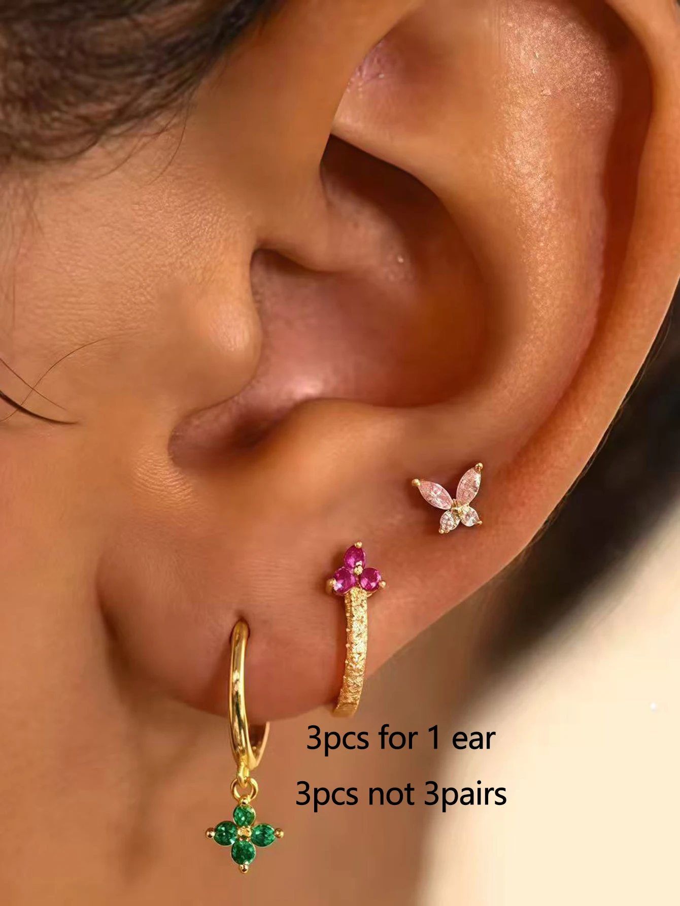 3pcs Retro Color Synthetic Zircon Set with Butterfly Flower Design Earrings