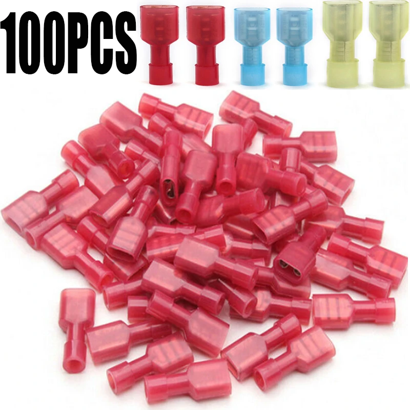 

50/100PCS Nylon Brass Crimp Spade Terminal Fully Insulated Electrical Wire Connectors Female Wiring Cable Plug Tool Set