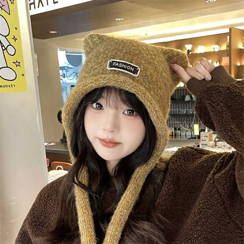 Y2K Beanie Hat Cute Bear Ear Knitted Cap with Long Strap Japanese