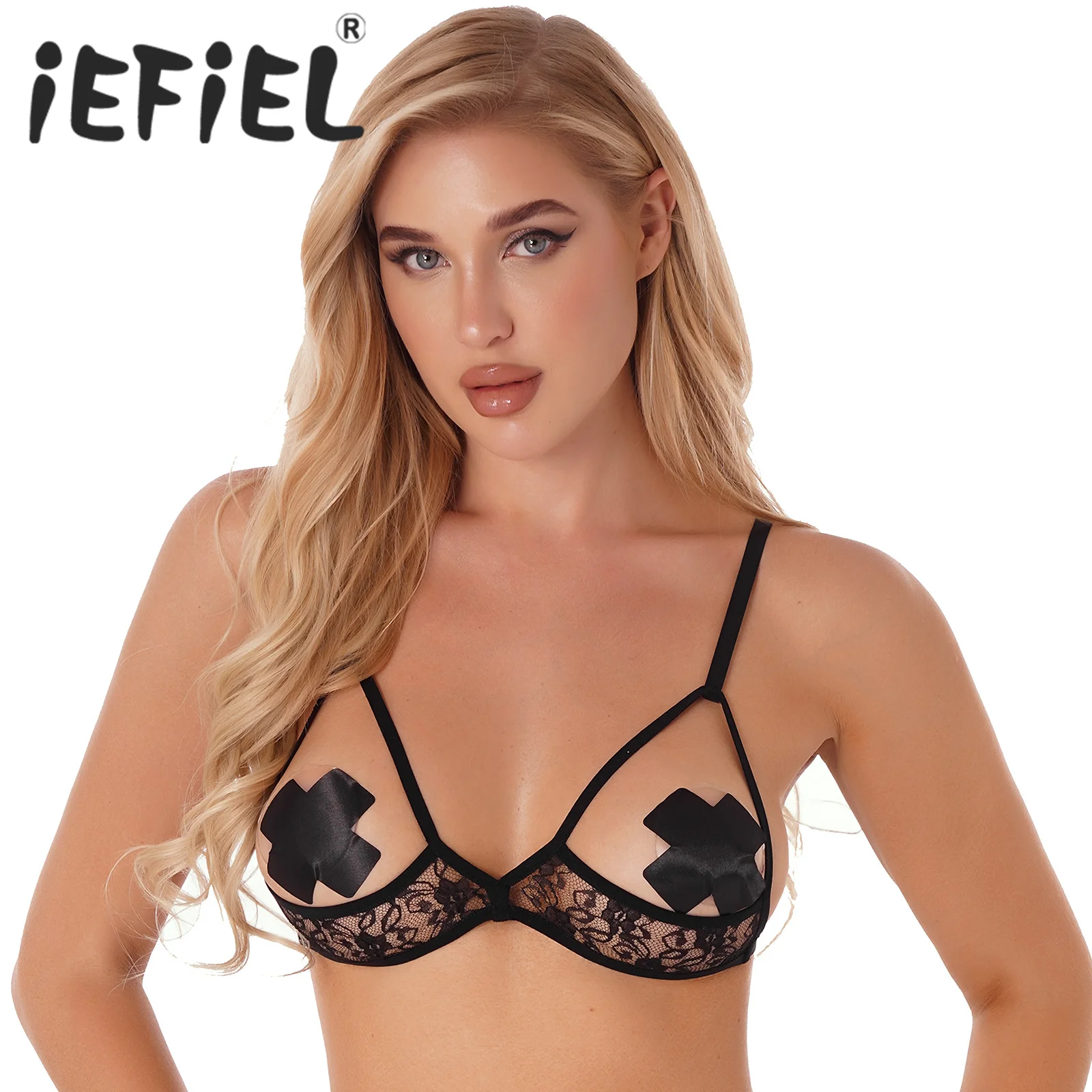 Women Lace Bra Tops Hollow Out Wireless Sexy Half Cup Open Nipples Bra Lingerie Adjustable Straps Unlined Nightwear Bralette