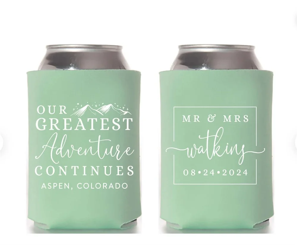 

Wedding Can Cooler #164R - Our Greatest Adventure Continues -Custom - Wedding Favors, Insulated, Beer Huggers, Wedding Favor,