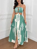 New Fashion Summer Casual Tropical Print Backless Maxi Dresses Sexy Hollow Halter Elegant Lady Vacation Female Long Sundress 1
