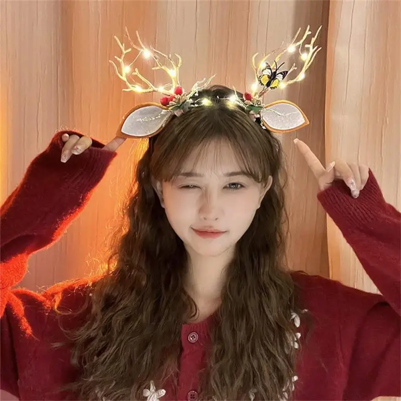 Christmas LED Light Antler Headband Cute Glowing Elf Elk Hair Hoop Hair Accessories Christmas Party Atmosphere Decoration