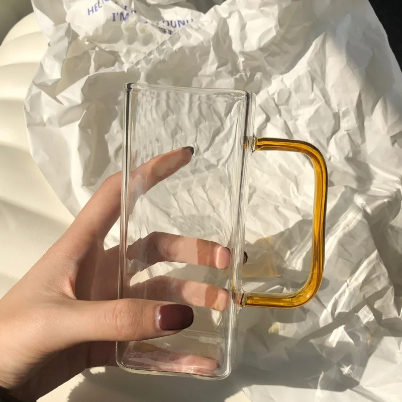 13oz 375ml Square Glass Mug Breakfast Milk Cup Transparent Beer Coffee Drinkware Glass with Handle Simplicity Household Tumblers